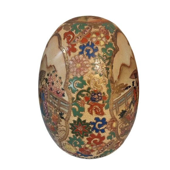 Satsuma Chinese Large Oval Porcelain Display Gold Egg China Moriage Beading - Picture 3 of 8